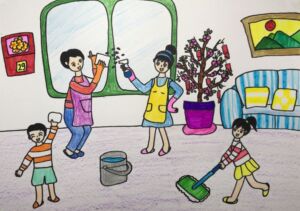 Tranh vẽ gia đình 4 người đơn giản đnag cùng nhau làm việc nhà