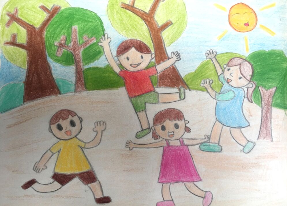 Vẽ tranh đề tài gia đình đi cắm trại 4 người đang vui chơi cùng nhau