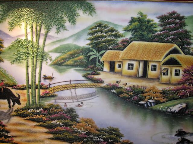 vẽ tranh phong cảnh núi làng quê